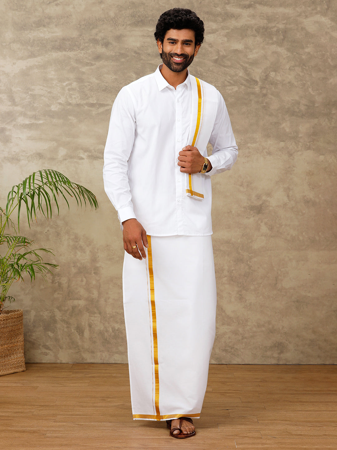 Men Single Dhoti White with 3/4 "Gold Jari Border & Towel Set