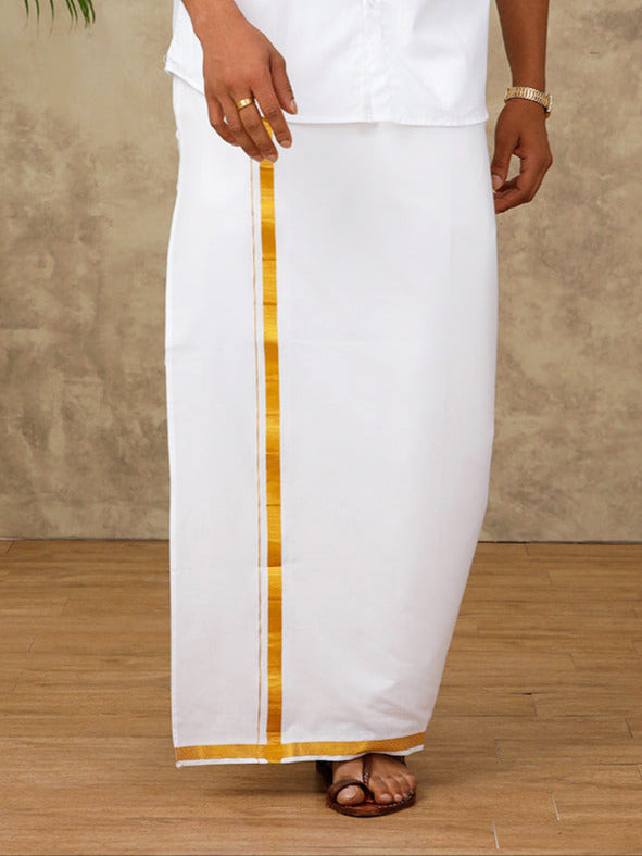 Men 100% Cotton Single Layer White Dhoti with 1/2" Gold Jari Border Pushkar (Pack of 2)