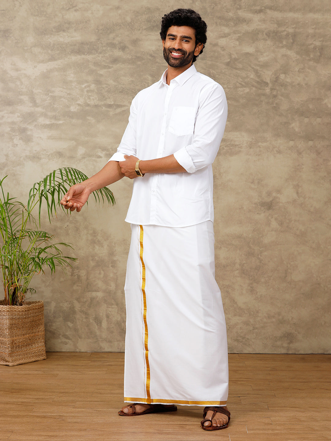 Men 100% Cotton Single Layer White Dhoti with 1/2" Gold Jari Border Pushkar (Pack of 2)