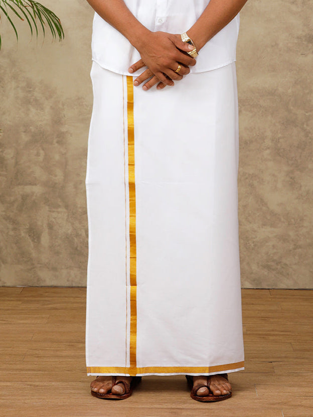 Men Cotton Blend Readymade Single Layer White Dhoti with Gold Jari Border 248