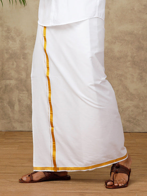 Men Cotton Blend Readymade Single Layer White Dhoti with Gold Jari Border 248