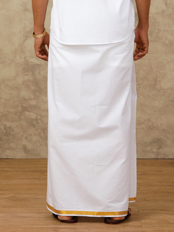Men Cotton Blend Readymade Single Layer White Dhoti with Gold Jari Border 248