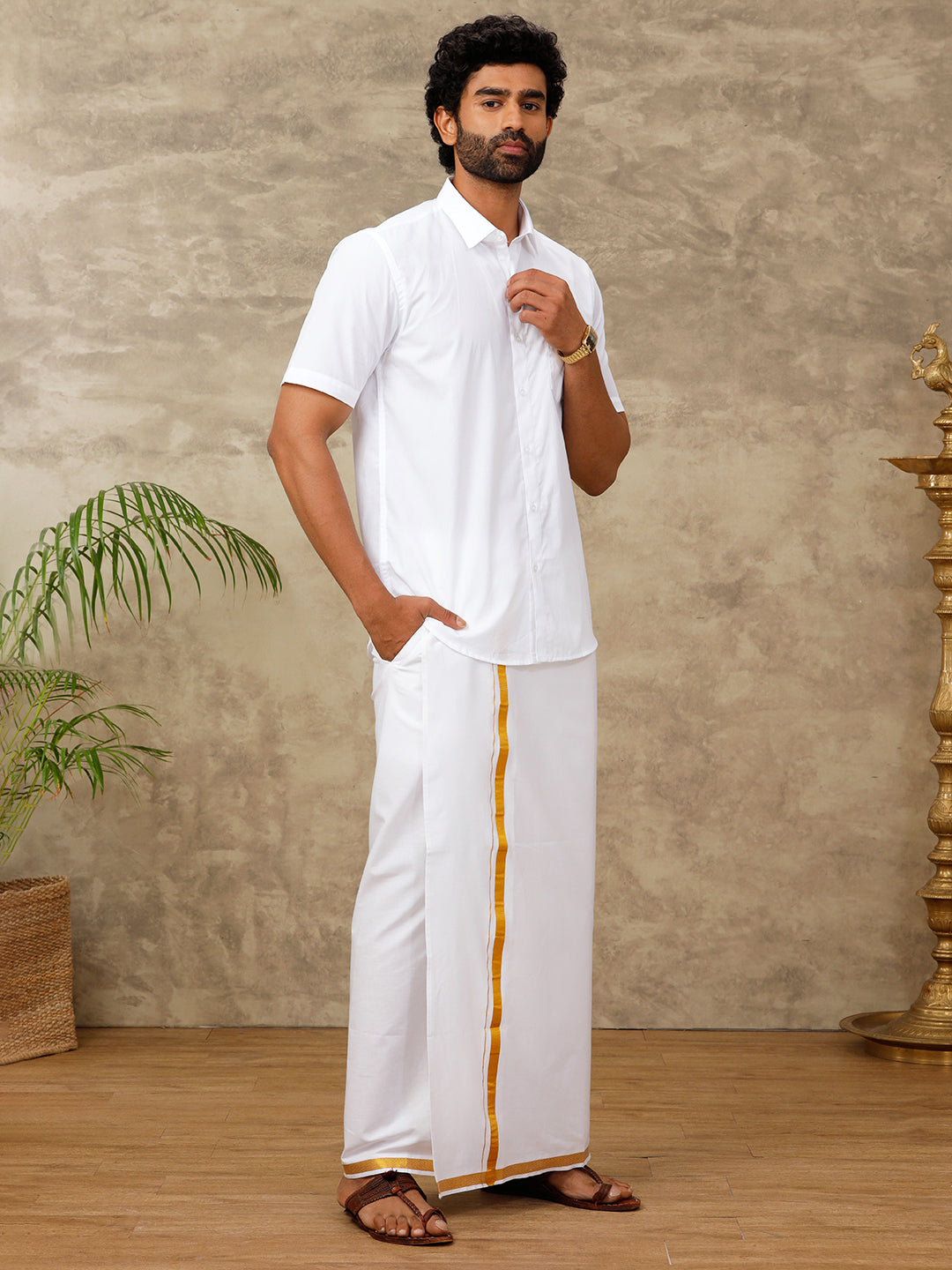 Men Cotton Blend Readymade Single Layer White Dhoti with Gold Jari Border 248