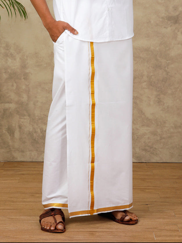 Men Cotton Blend Readymade Single Layer White Dhoti with Gold Jari Border 248