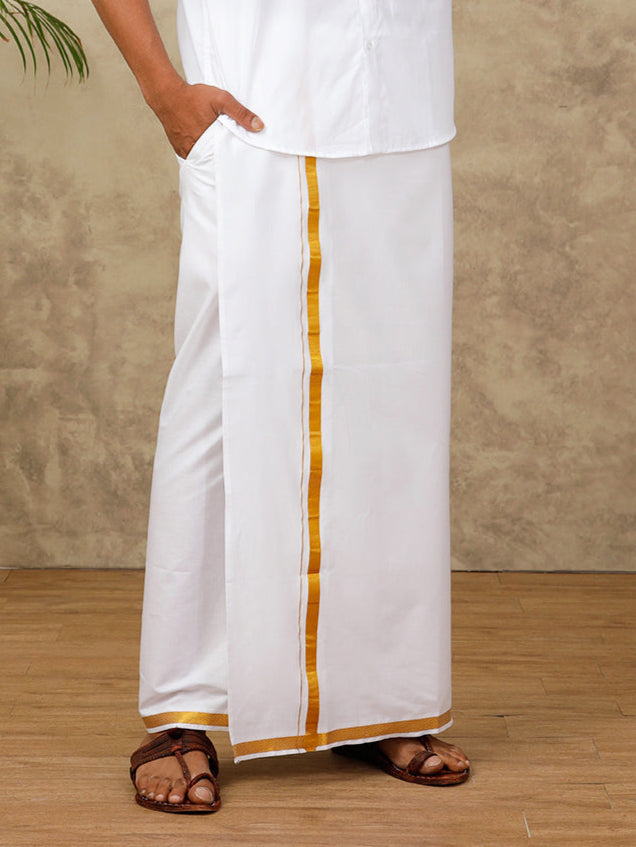 Men Cotton Blend Readymade Single Layer White Dhoti with 3/4" Gold Jari Border 248
