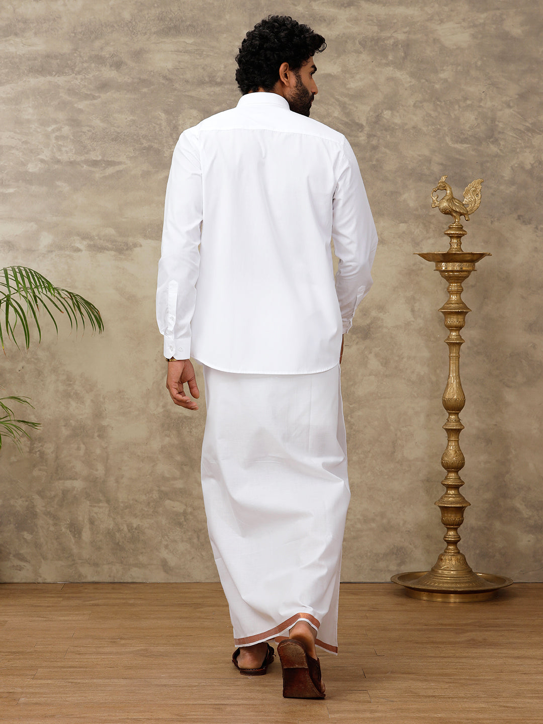Men Cotton Blend Readymade Double Layer White Dhoti with 3/4" Copper Jari Border 248