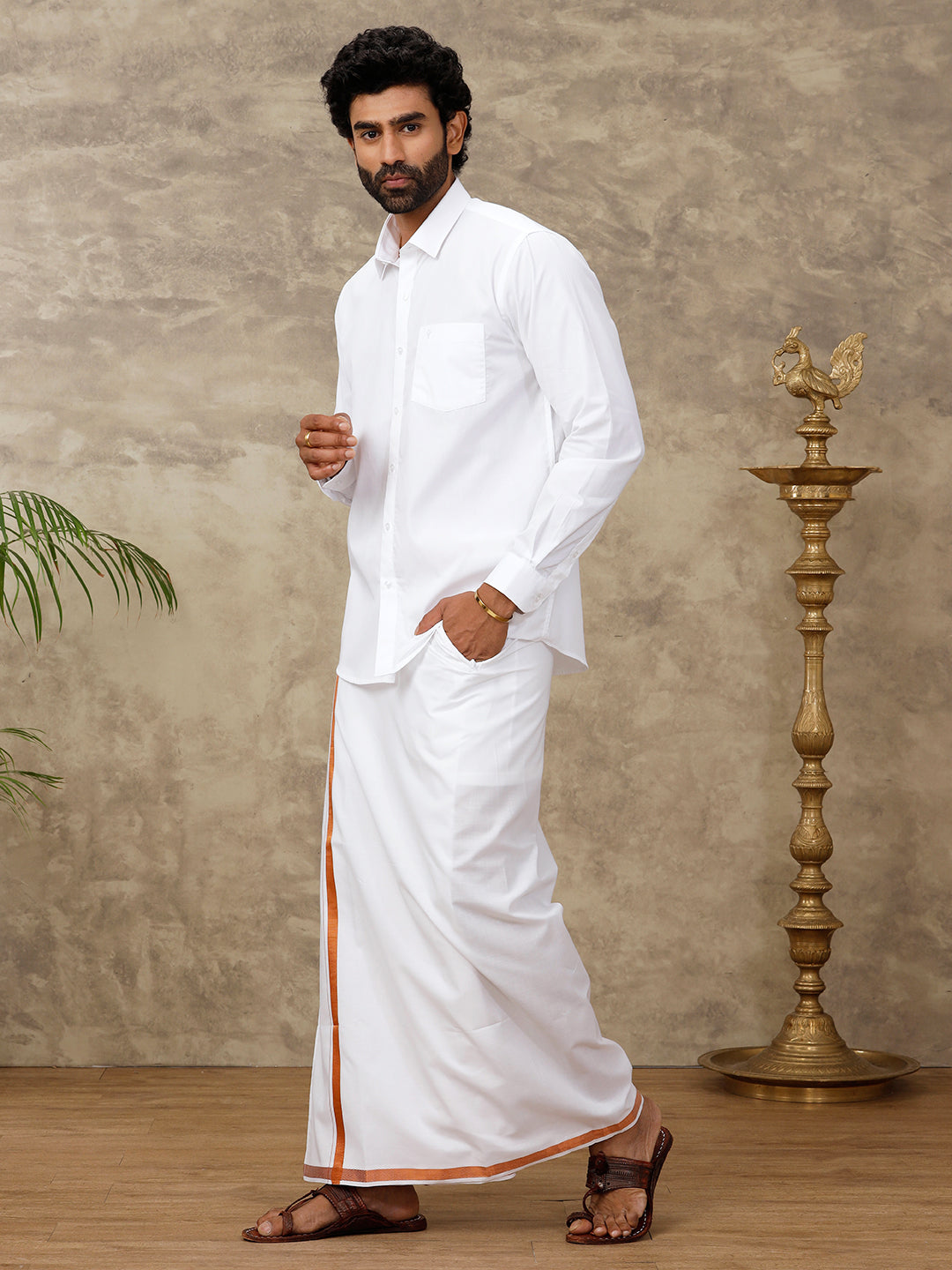 Men Cotton Blend Readymade Double Layer White Dhoti with 3/4" Copper Jari Border 248