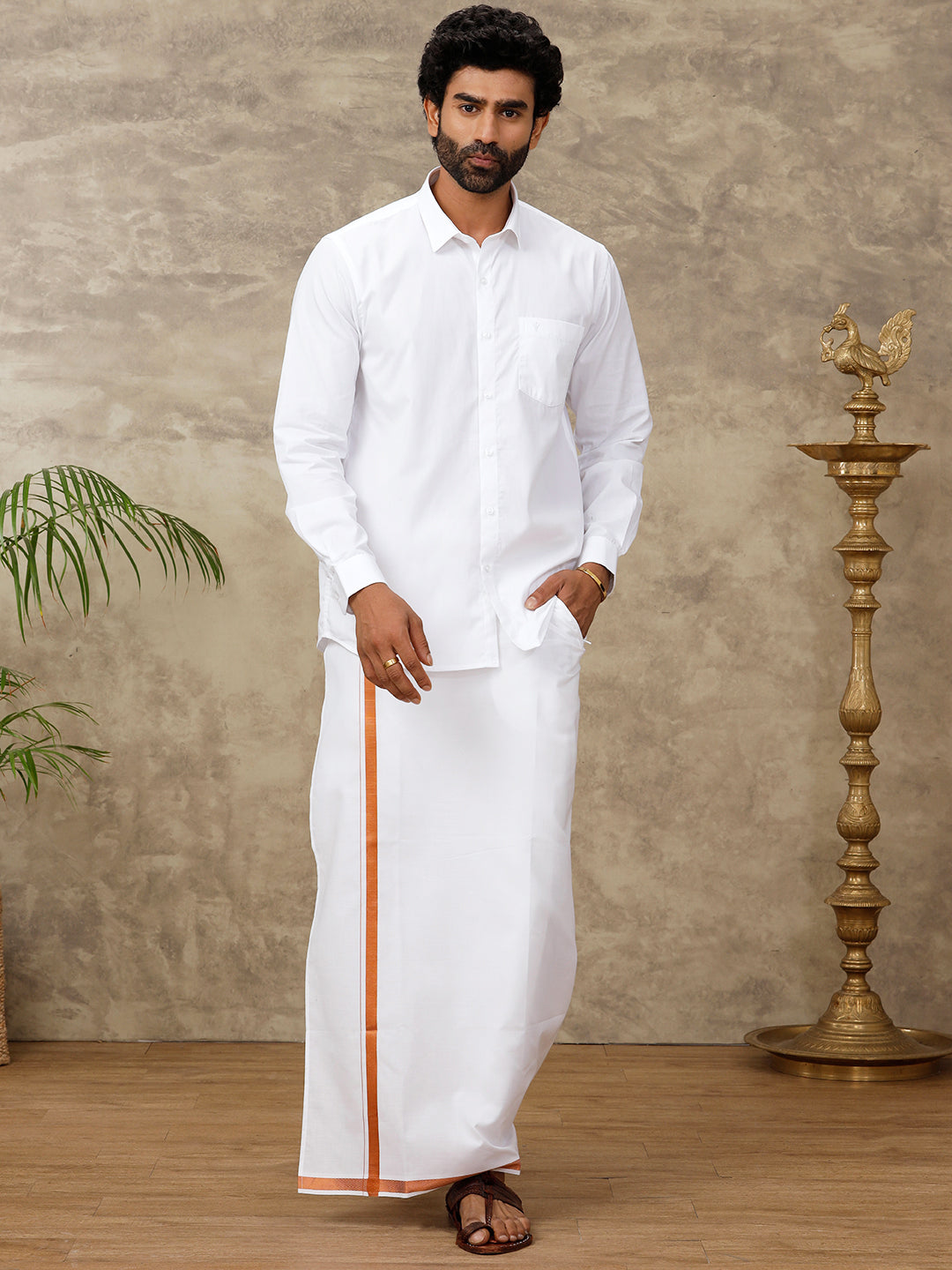 Men Cotton Blend Readymade Double Layer White Dhoti with 3/4" Copper Jari Border 248