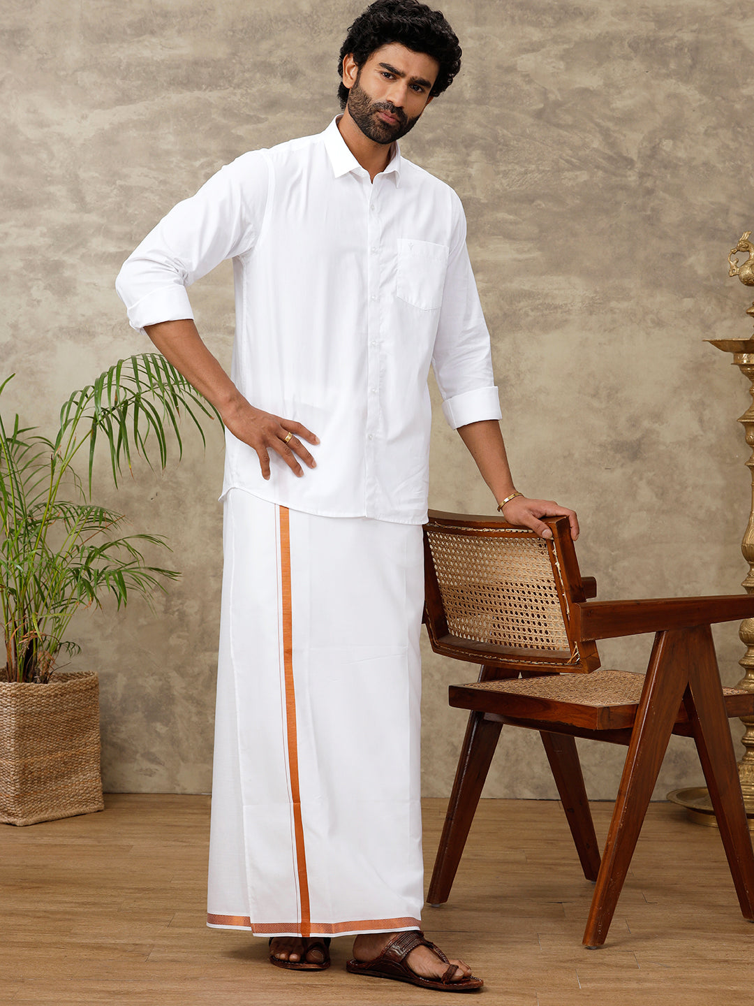 Men Cotton Blend Readymade Double Layer White Dhoti with 3/4" Copper Jari Border 248