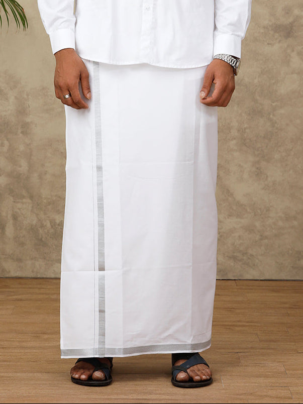 Men Readymade Adjustable White with Silver Jari Border Double Layer Dhoti 11498SIL