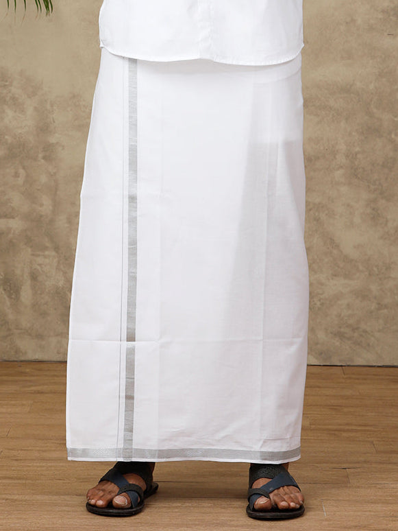 Men White With Silver Jari Border Readymade Adjustable Double Layer Dhoti 11498SIL