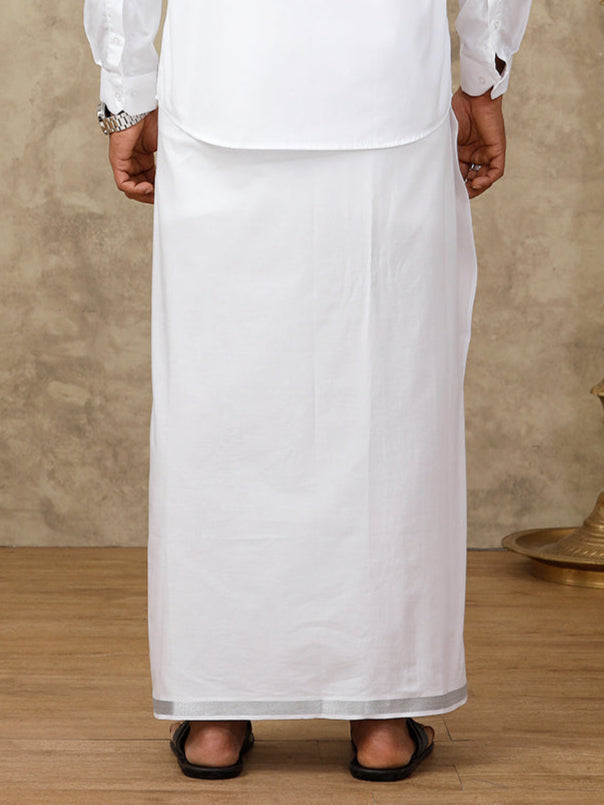 Men Readymade Adjustable White with Silver Jari Border Double Layer Dhoti 11498SIL