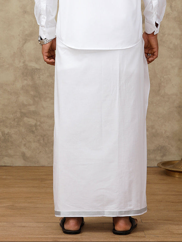 Men White With Silver Jari Border Readymade Adjustable Double Layer Dhoti 11498SIL