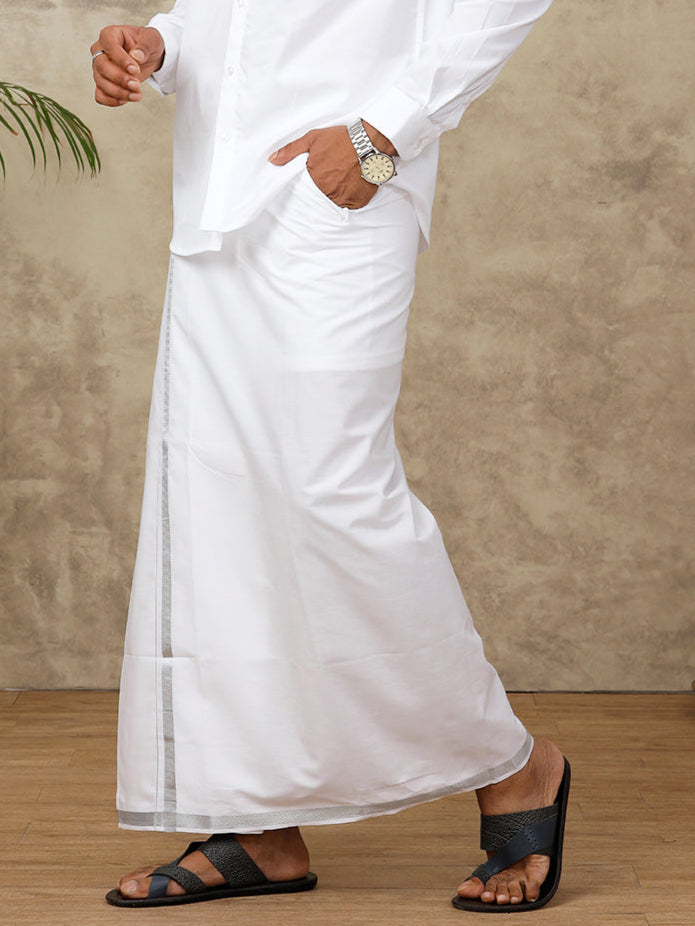 Men Readymade Adjustable White with Silver Jari Border Double Layer Dhoti 11498SIL