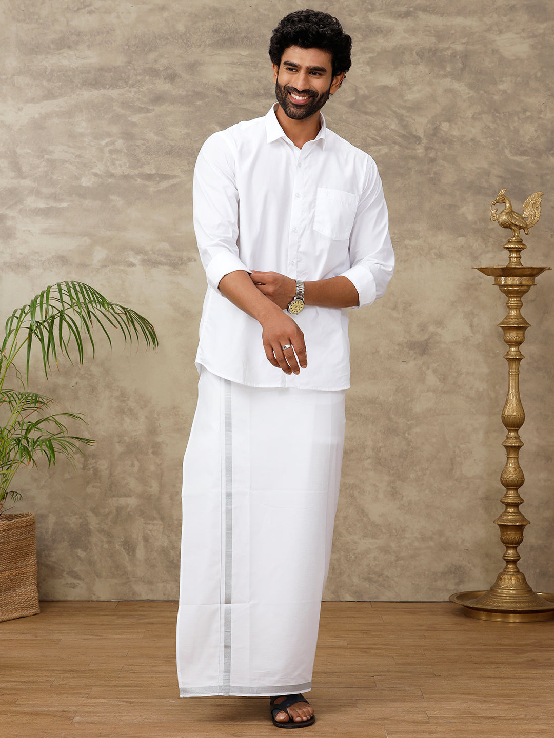 Men Readymade Adjustable White with Silver Jari Border Double Layer Dhoti 11498SIL