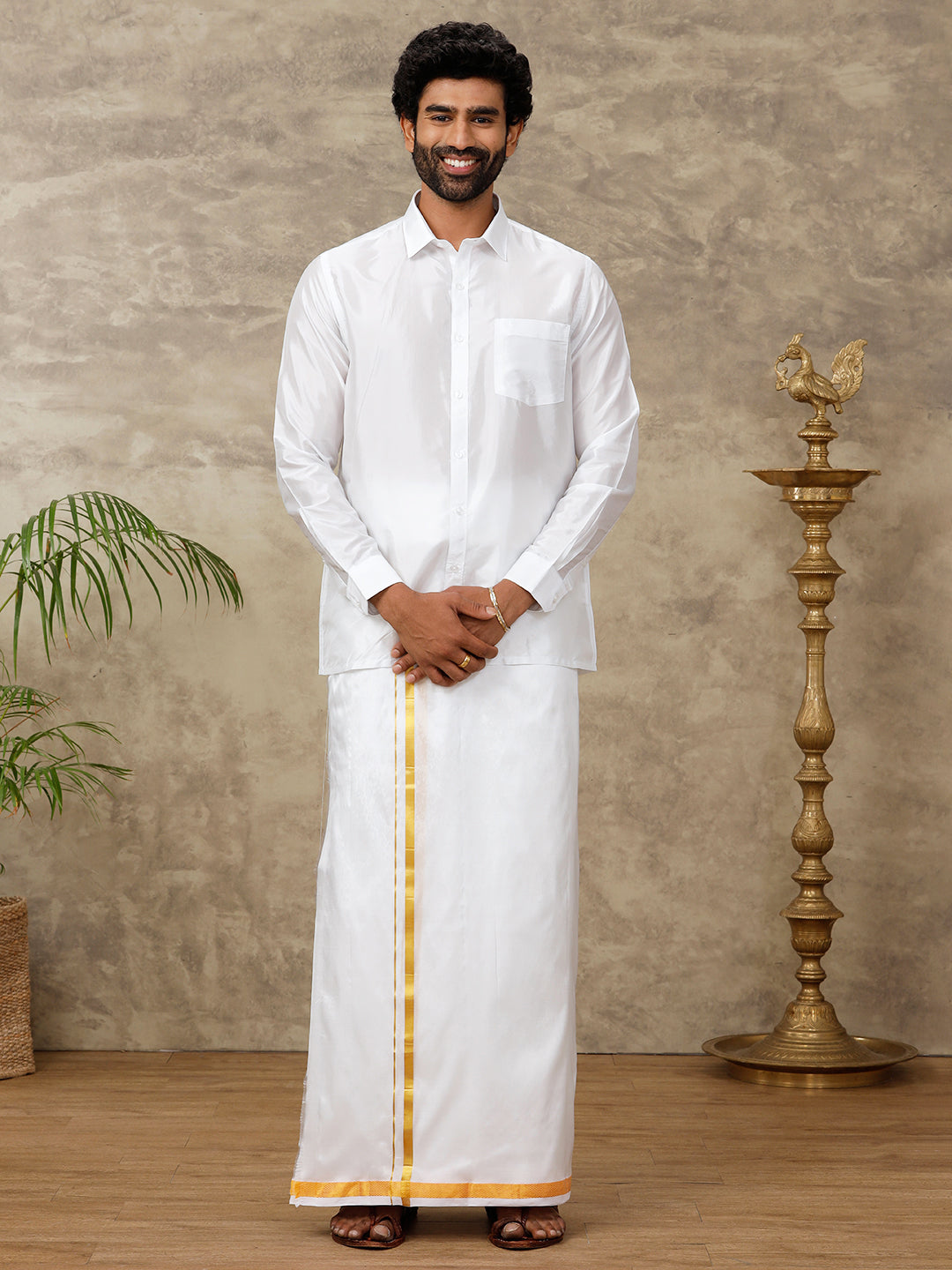 Men Pure Silk White with 3/4" inch Jari Border Dhoti & Shirting Set Purna Mithra