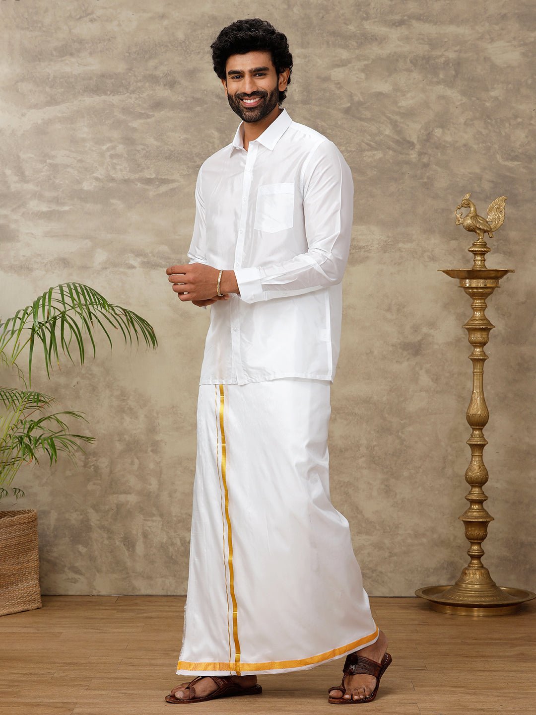 Men Pure Silk White with 3/4" inch Jari Border Dhoti & Shirting Set Purna Mithra