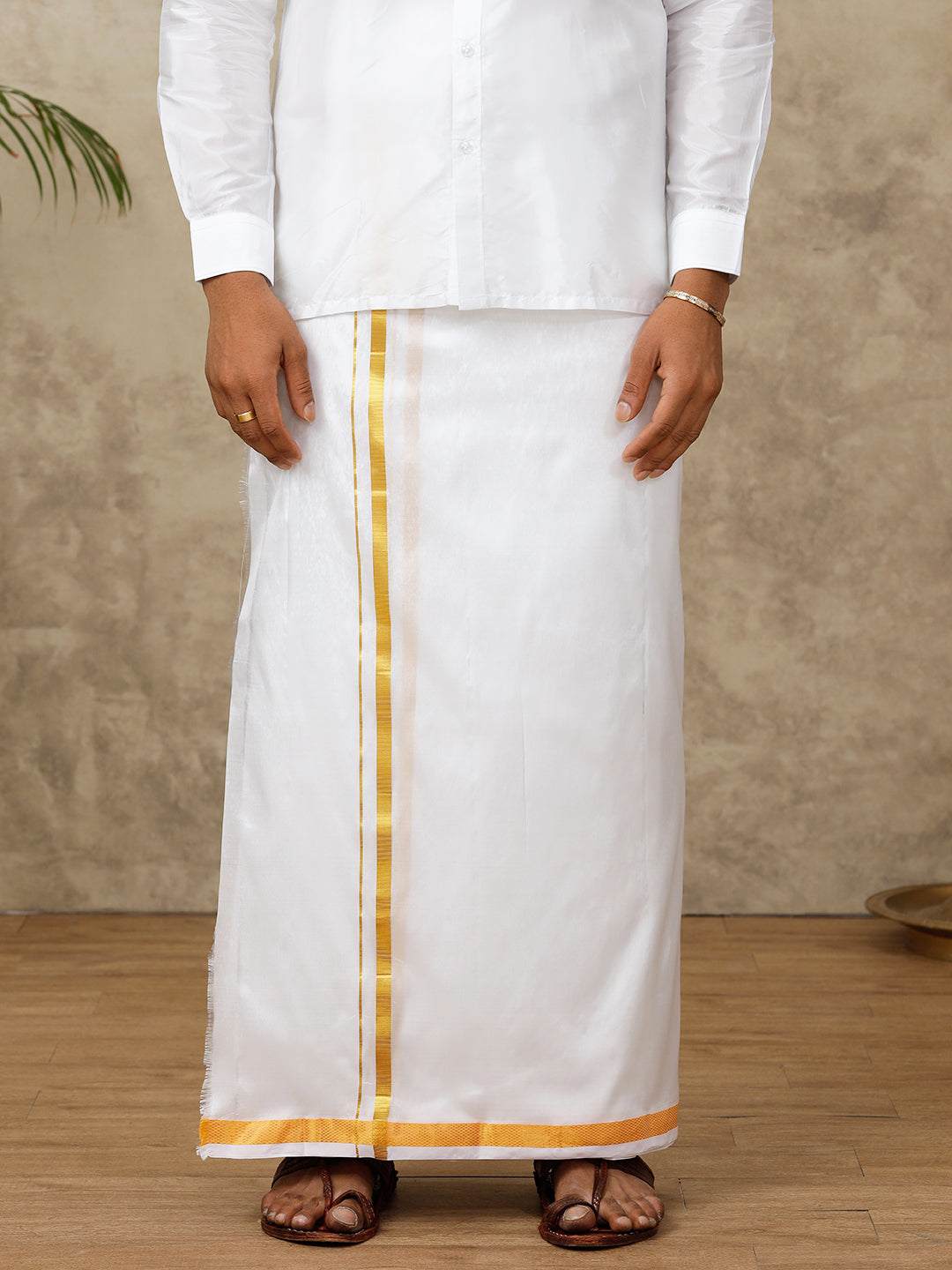 Men Pure Silk White with 3/4" inch Jari Border Dhoti & Shirting Set Purna Mithra