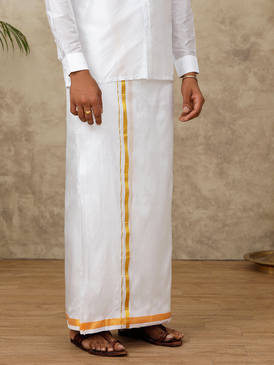 Men Silk Double Dhoti 3/4" inch Gold Jari Border Suba Vivaga