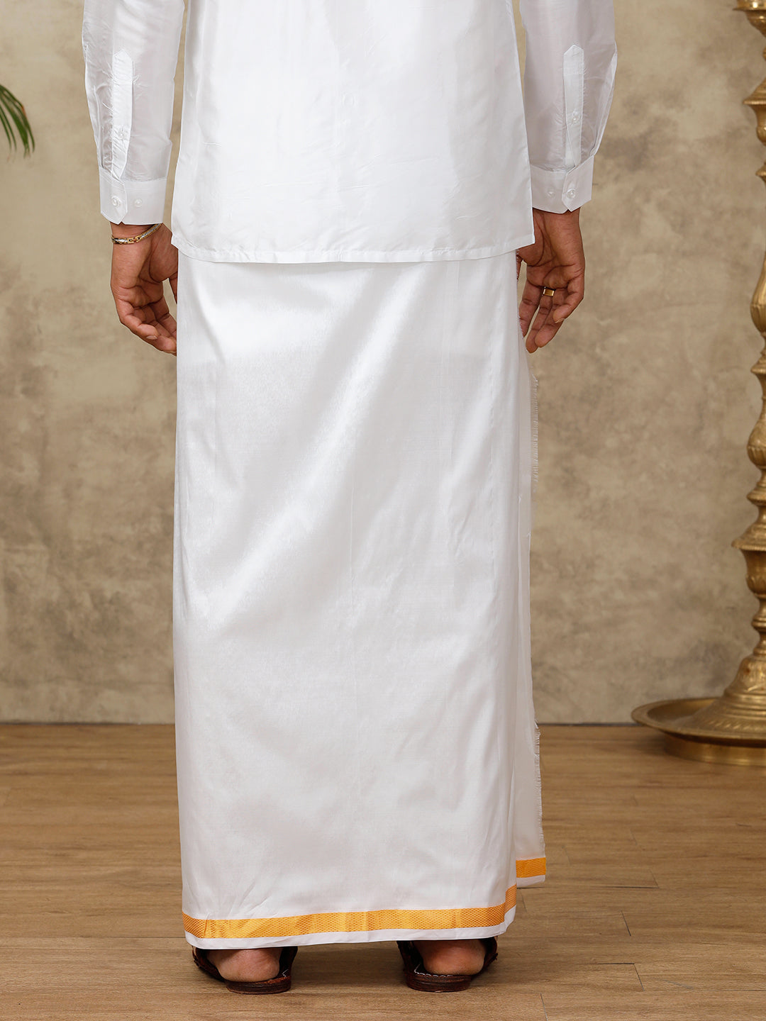 Men Pure Silk White with 3/4" inch Jari Border Dhoti & Shirting Set Purna Mithra