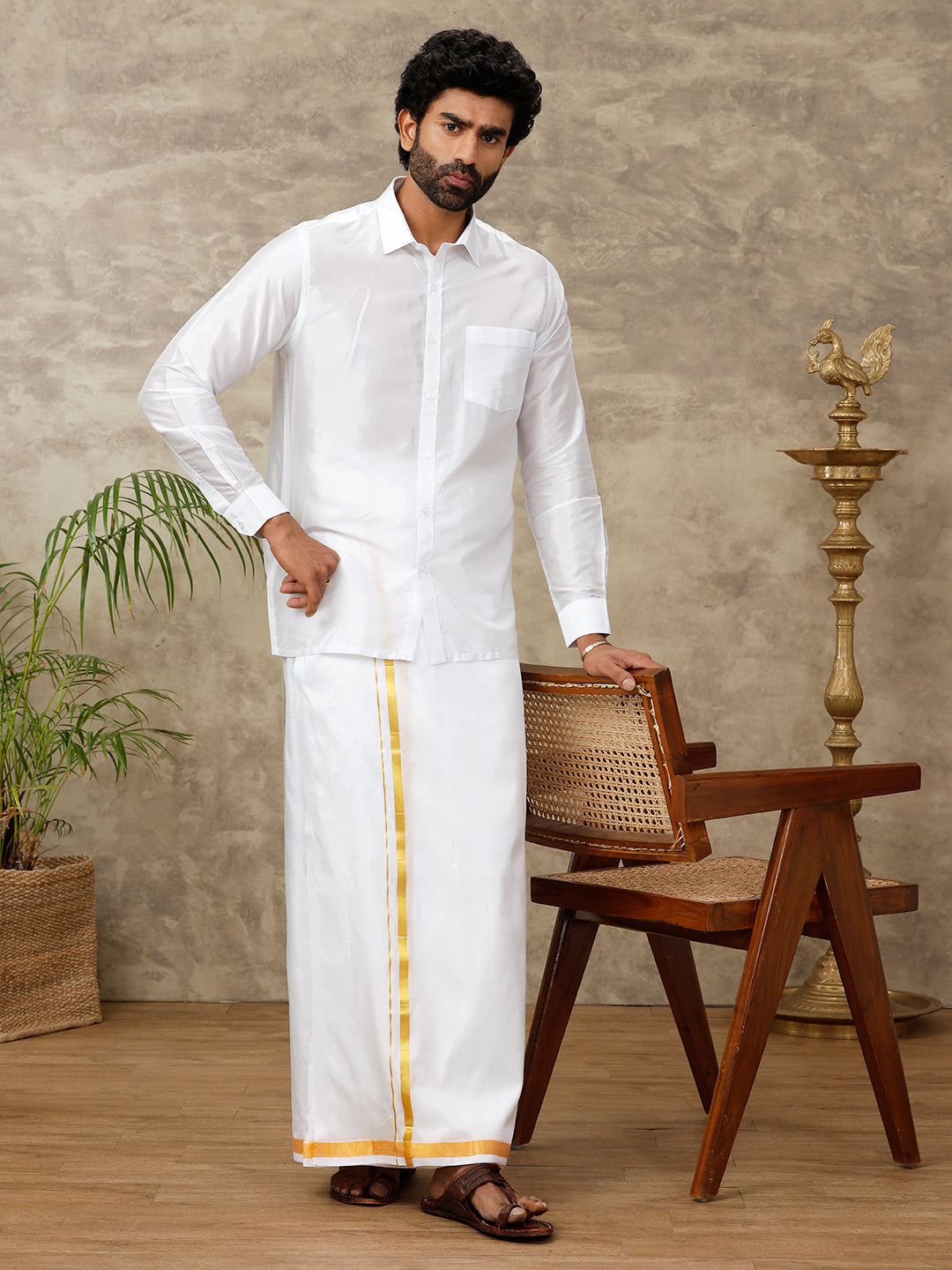 Men Silk Double Dhoti 3/4" inch Gold Jari Border Suba Vivaga