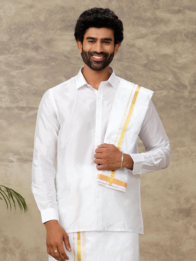 Men Pure Silk White with 3/4" inch Jari Border Dhoti & Towel Set Thirukalyan