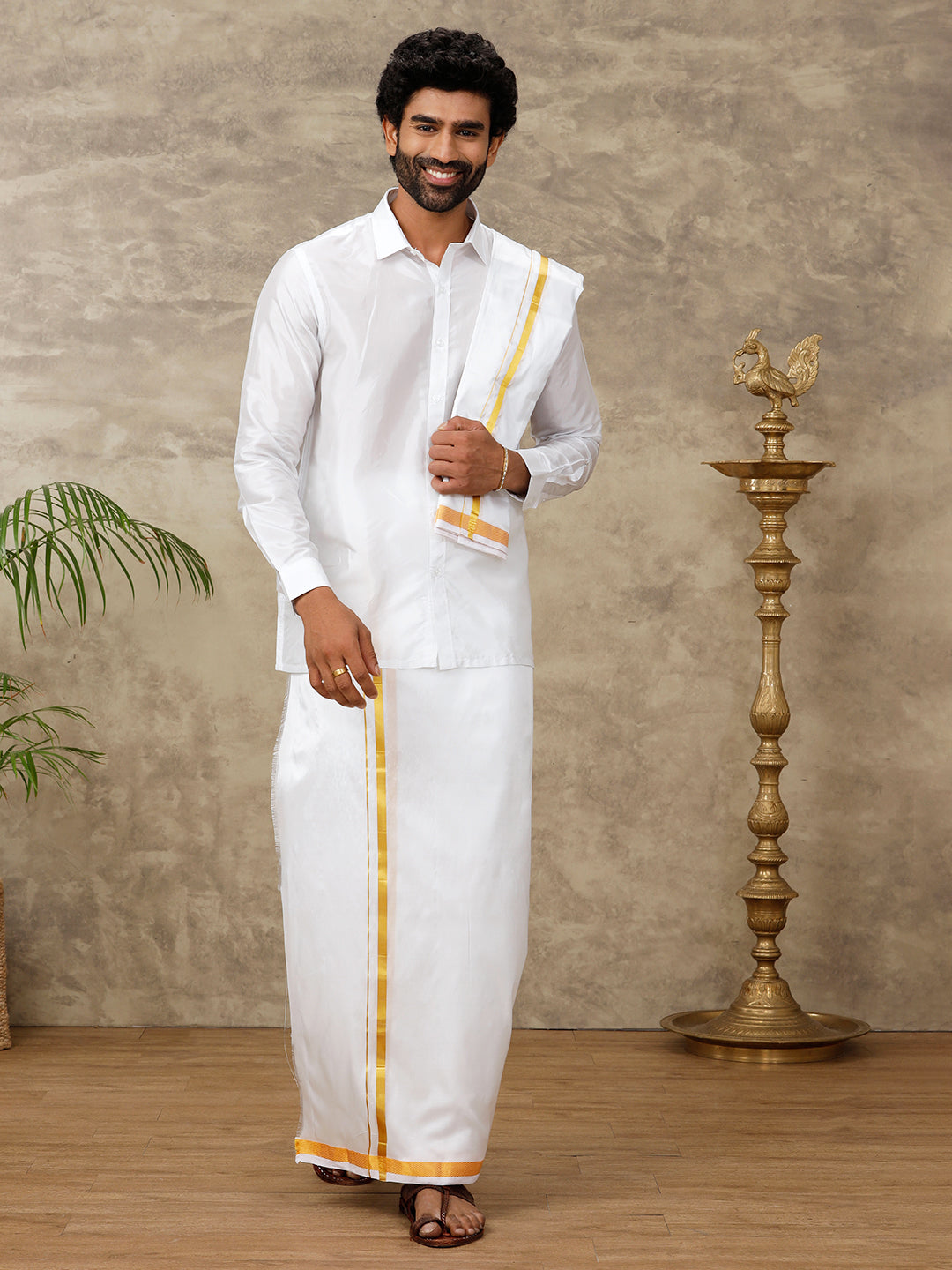 Men Pure Silk White with 3/4" inch Jari Border Dhoti & Towel Set Thirukalyan