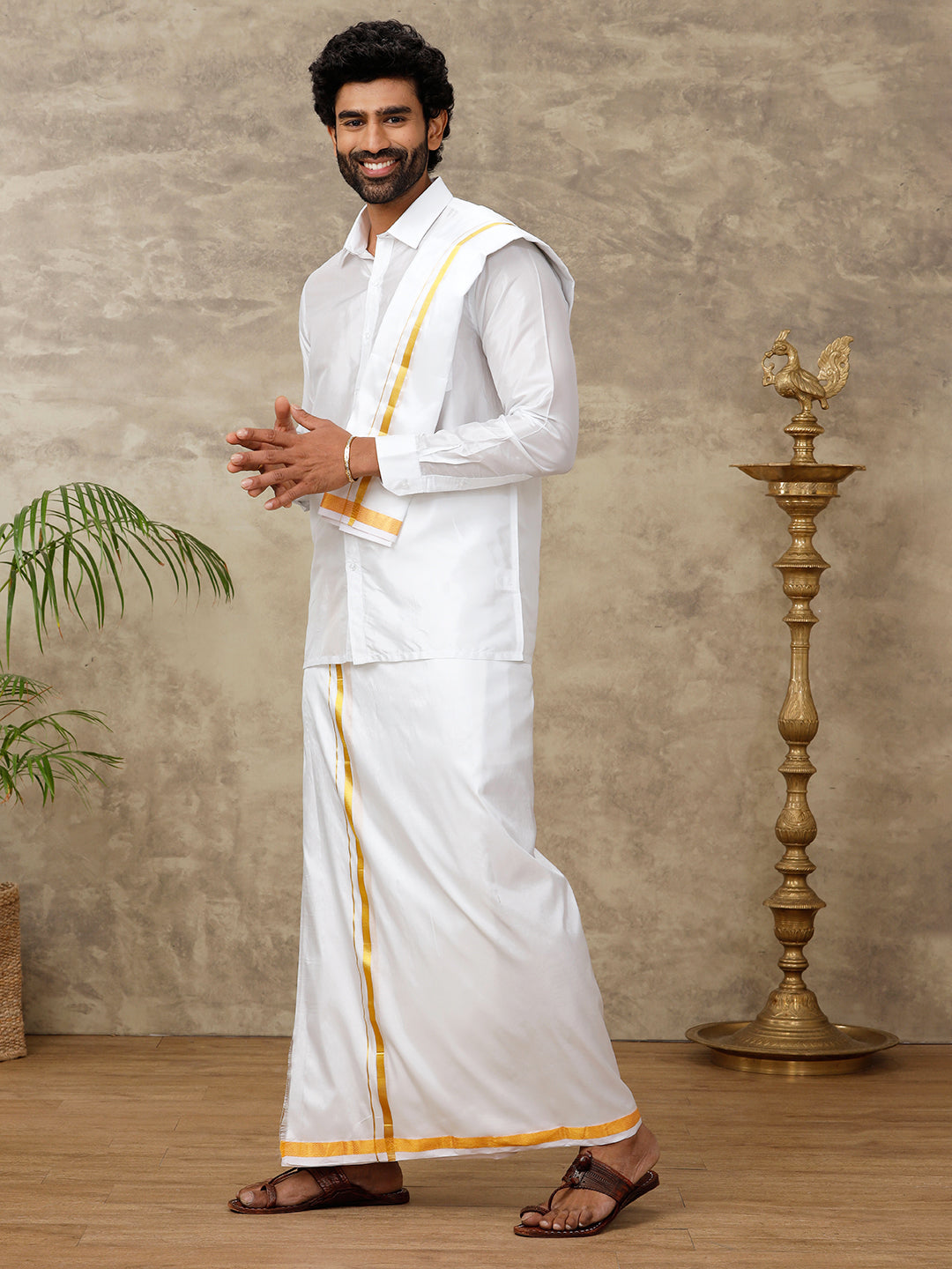 Men Pure Silk White with 3/4" inch Jari Border Dhoti & Towel Set Thirukalyan