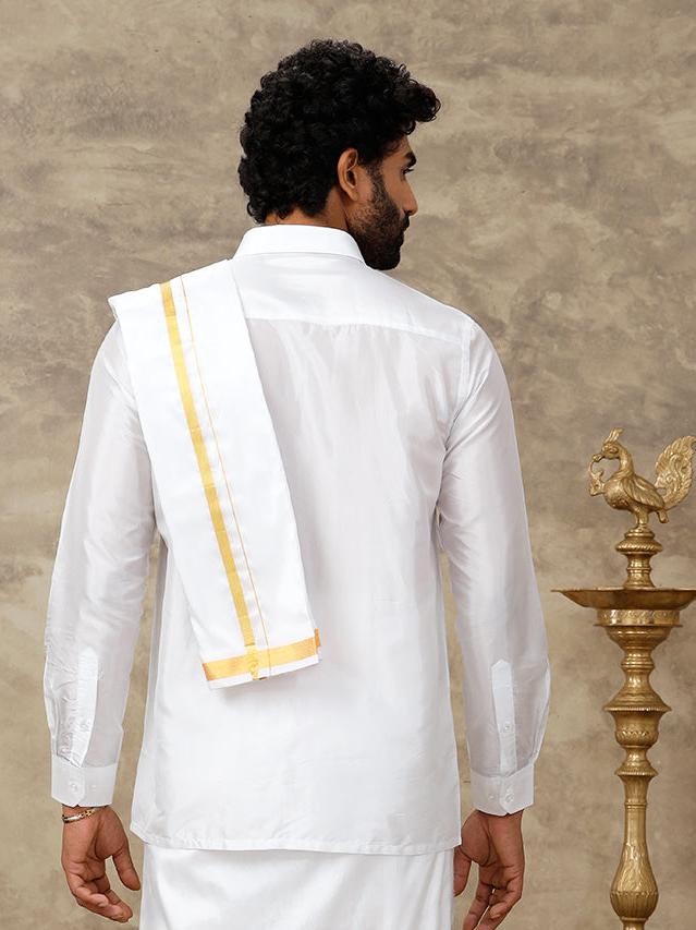 Men Pure Silk White with 3/4" inch Jari Border Dhoti & Towel Set Thirukalyan