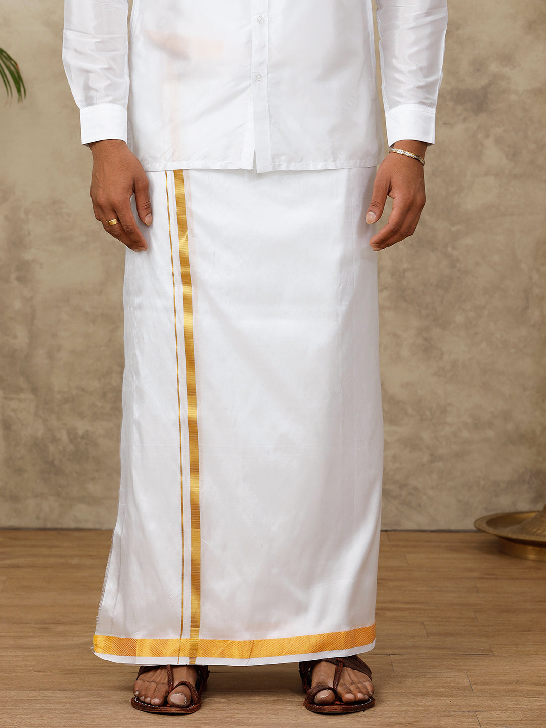 Men Pure Silk White Dhoti + Towel 1" inch Jari Border Thirukalyan