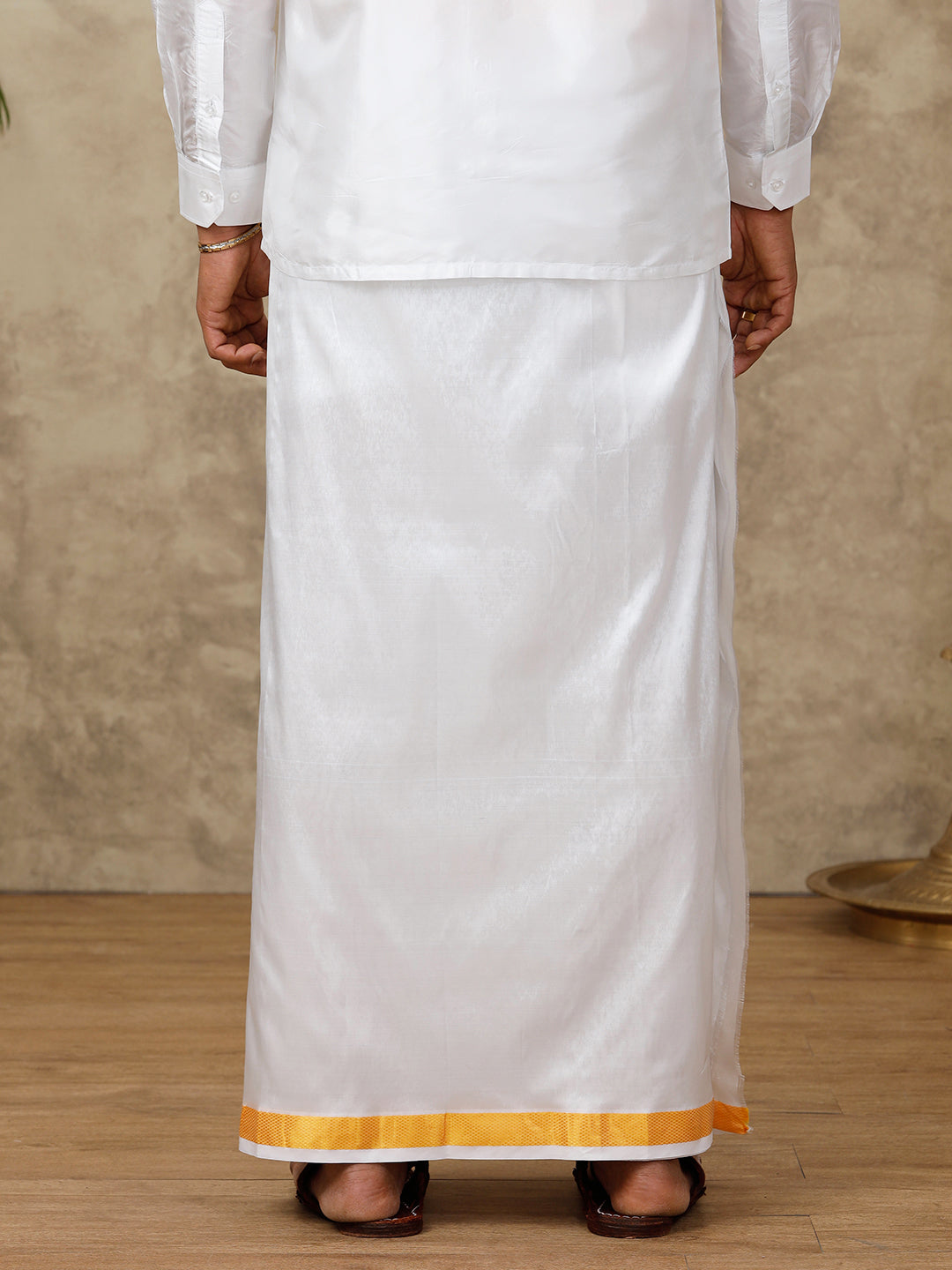 Men Pure Silk White Dhoti + Towel 1" inch Jari Border Thirukalyan