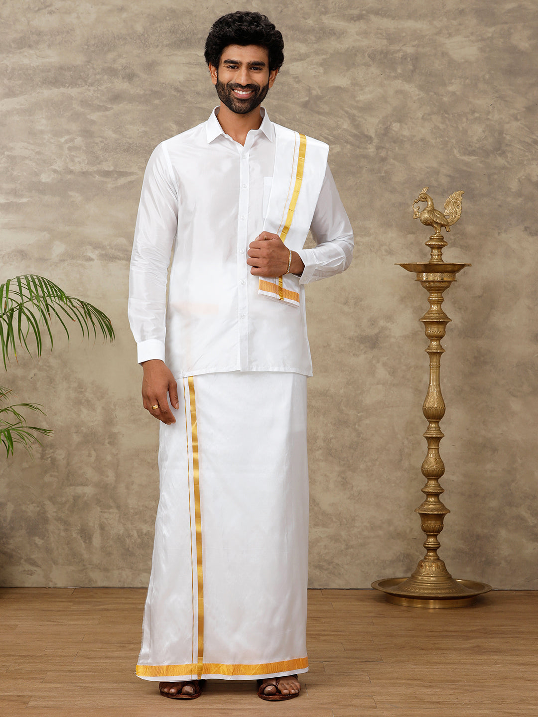 Men Silk White with 1" inch Jari Border Dhoti Shirt & Towel Set Subha Vaibhavaa