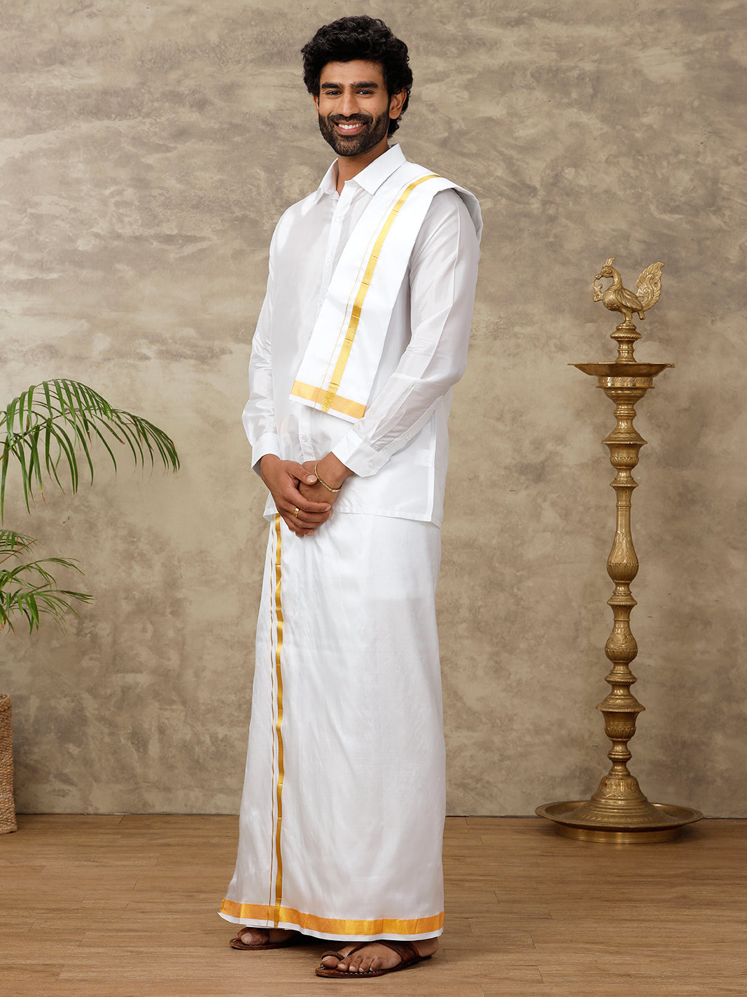 Men Silk White  1" inch jari Dhoti Shirt & Towel Set Subha Vaibhavaa