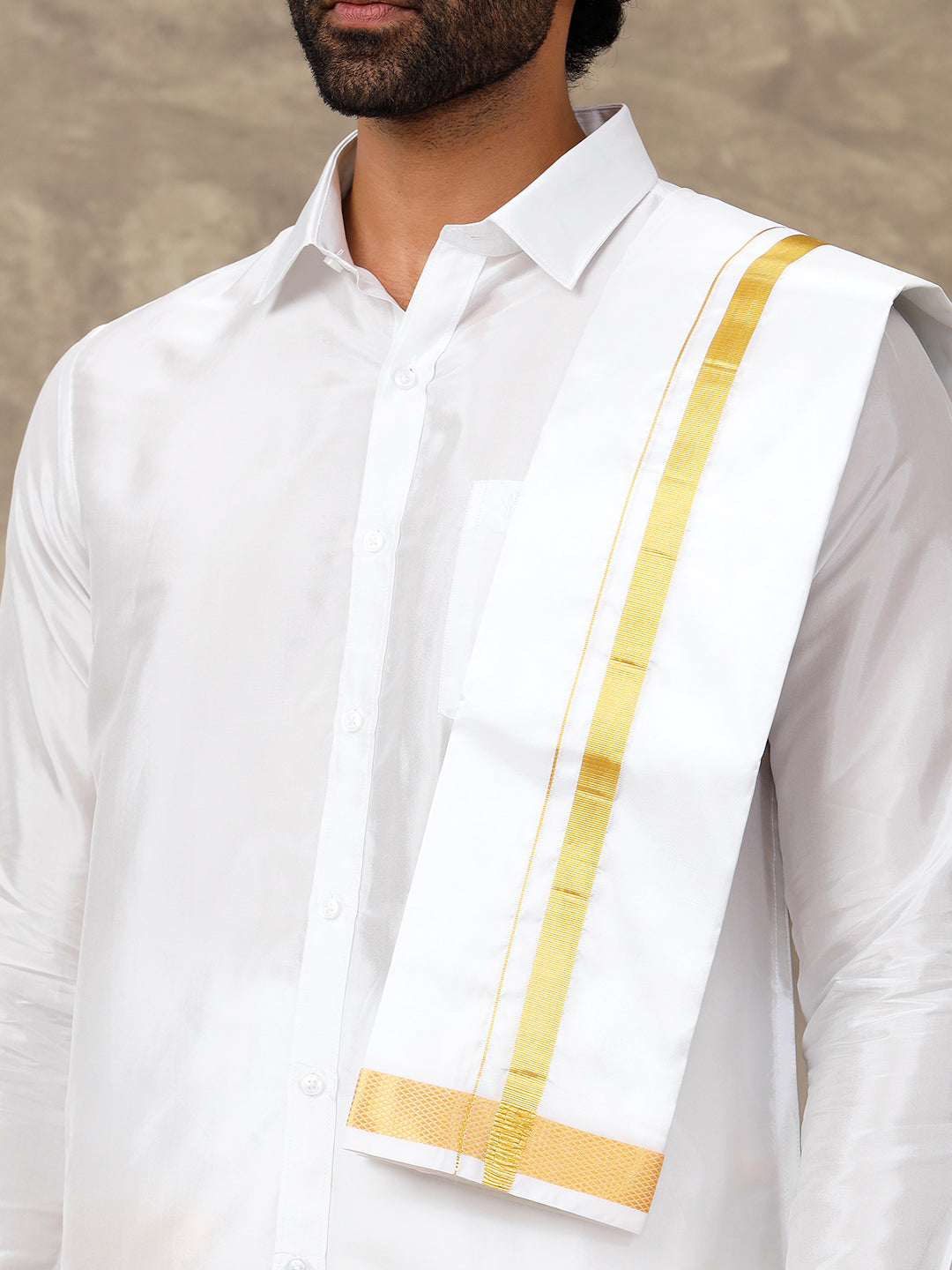 Men Silk White with 1" inch Jari Border Dhoti Shirt & Towel Set Subha Vaibhavaa