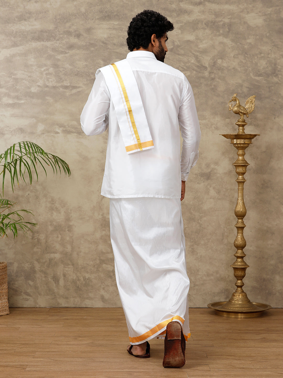 Men Pure Silk White with 1" inch Gold Jari Border Dhoti & Towel Set Thirukalyan