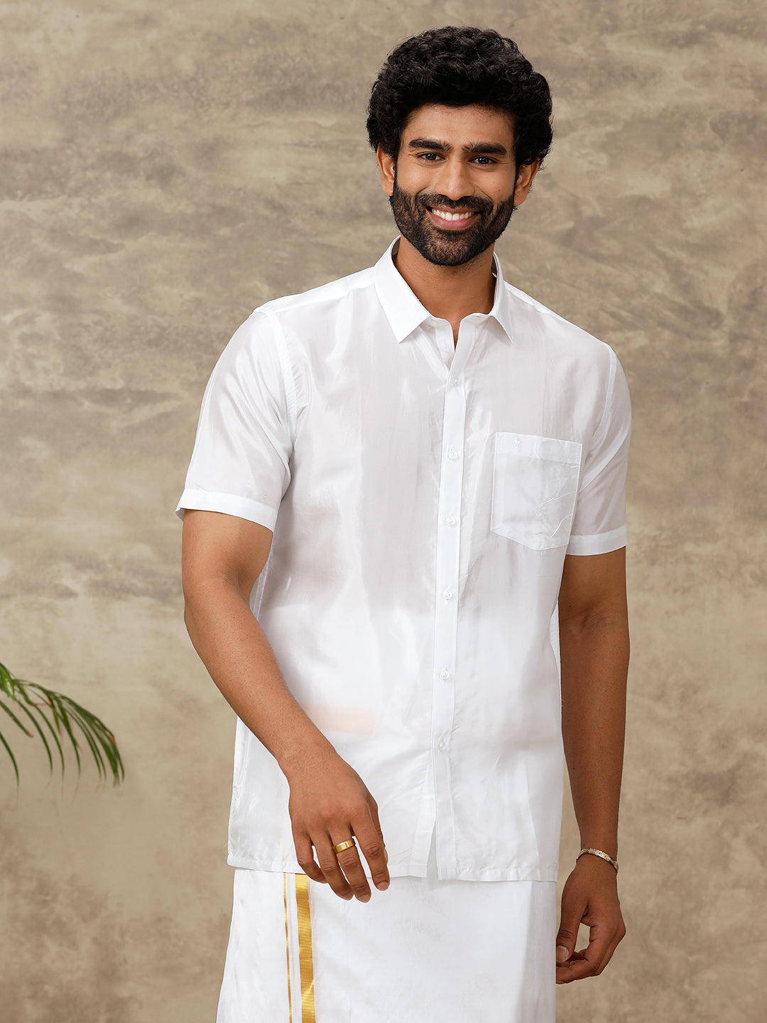 Men Silk White Half Sleeves Shirt