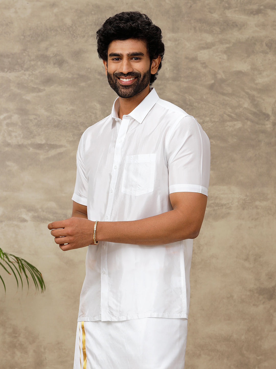 Men Silk White Half Sleeves Shirt