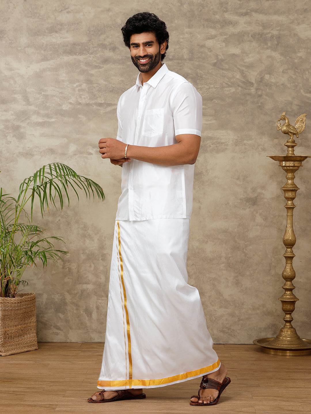 Men Silk White Half Sleeves Shirt