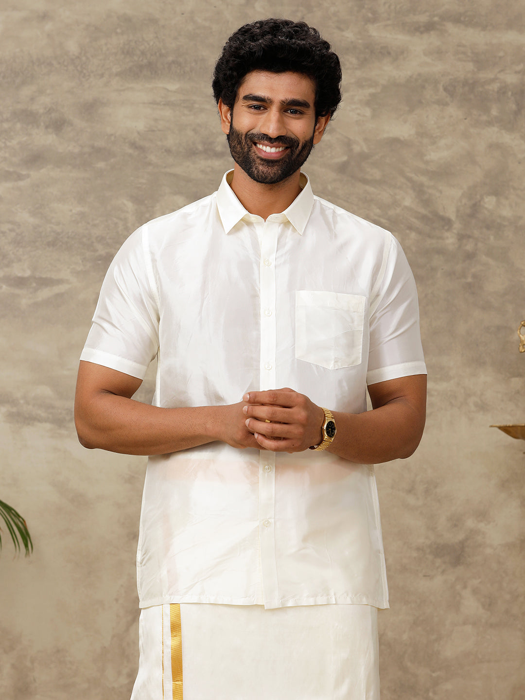 Men Silk Feel Cream Half Sleeves Shirt