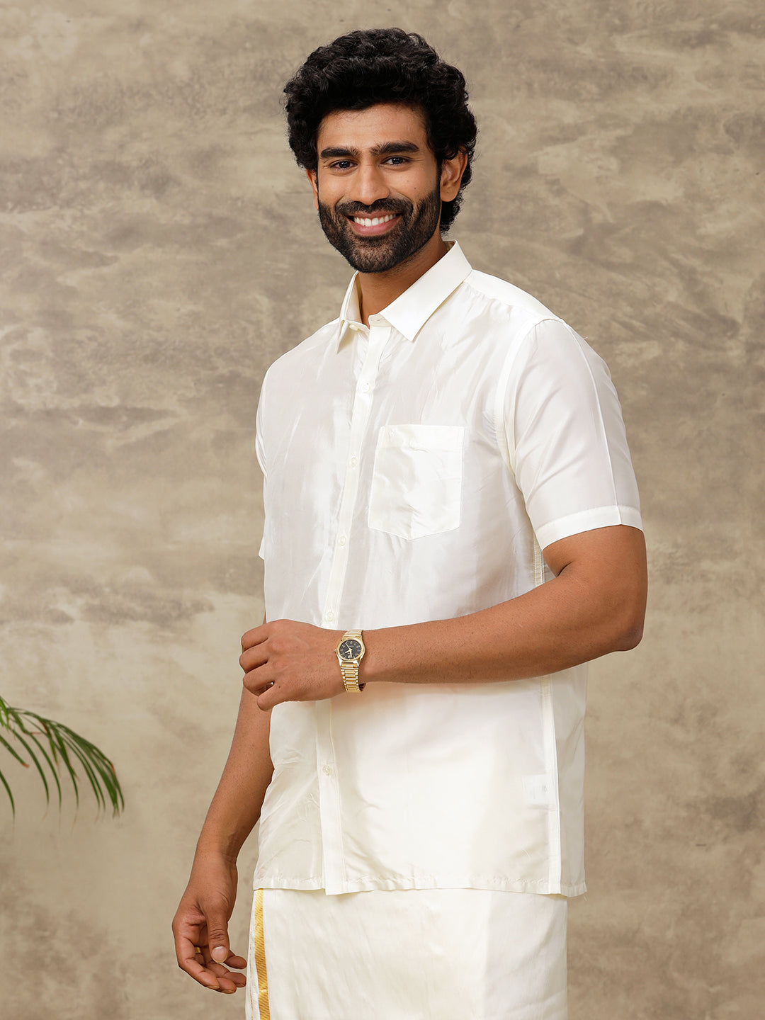 Men Silk Feel Cream Half Sleeves Shirt