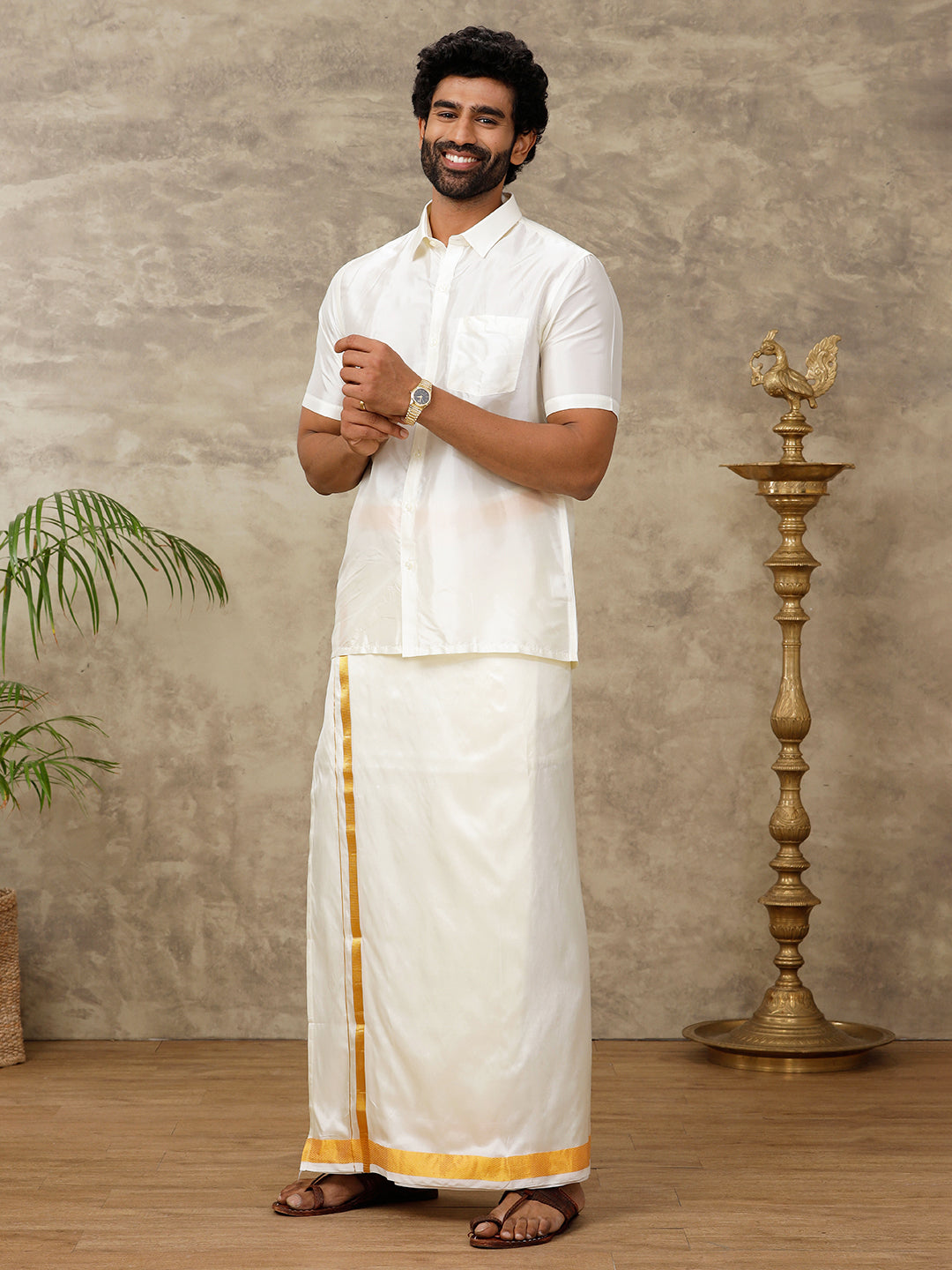 Men Pure Silk Cream with 1 1/2" inch Jari Border Double Layer Dhoti Genxt