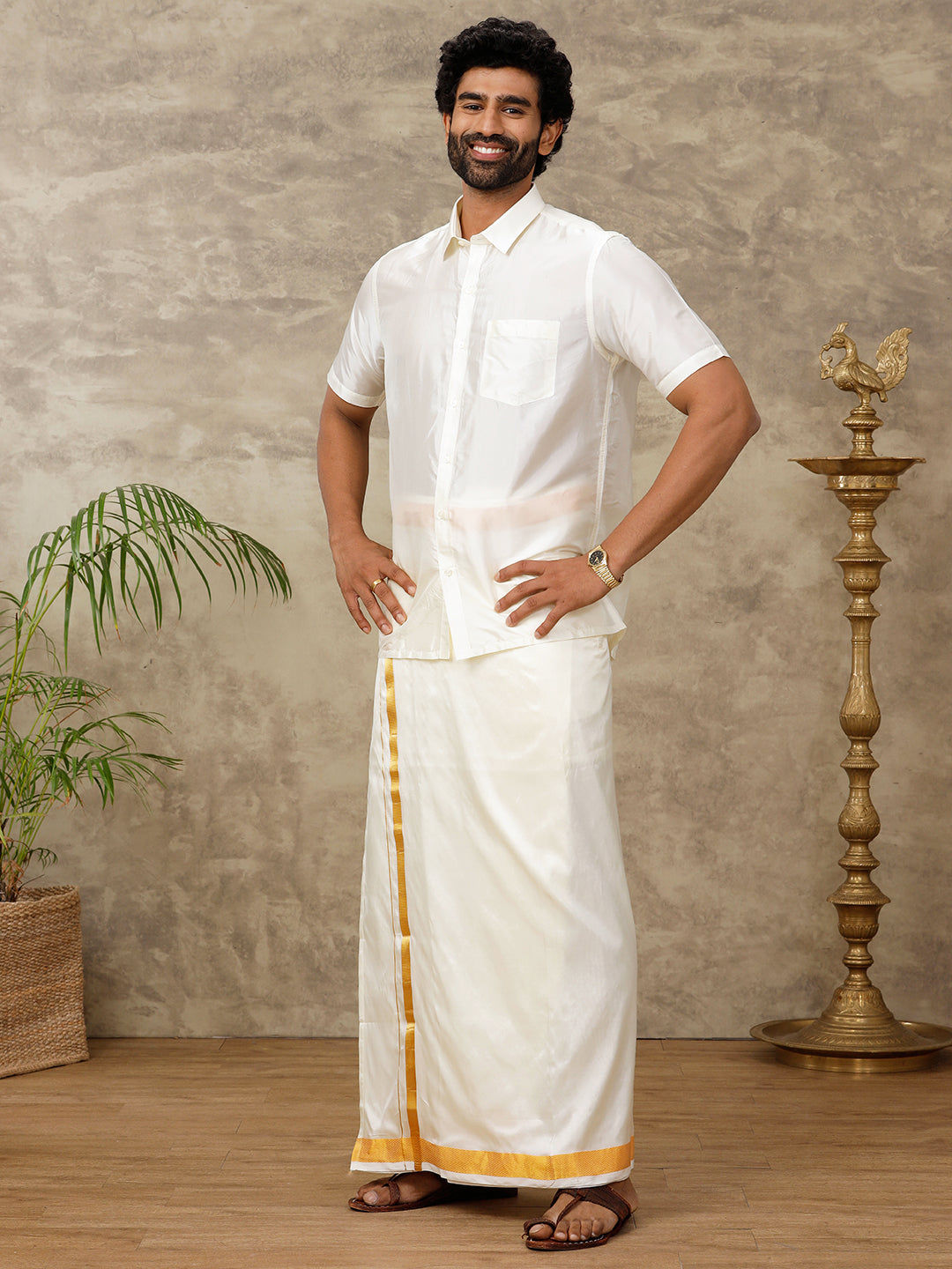Men Pure Silk Cream with 1 1/2" inch Jari Border Readymade Dhoti Genxt