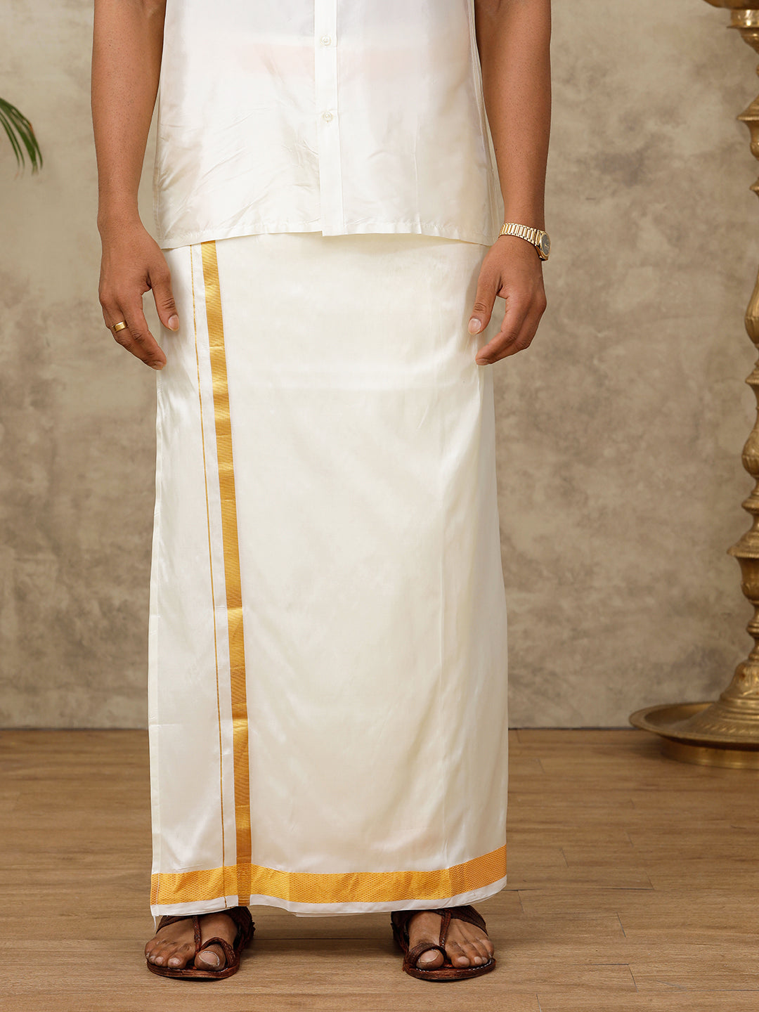 Men Pure Silk Cream with 1 1/2" inch Jari Border Dhoti & Towel Set Thirukalyan 40K