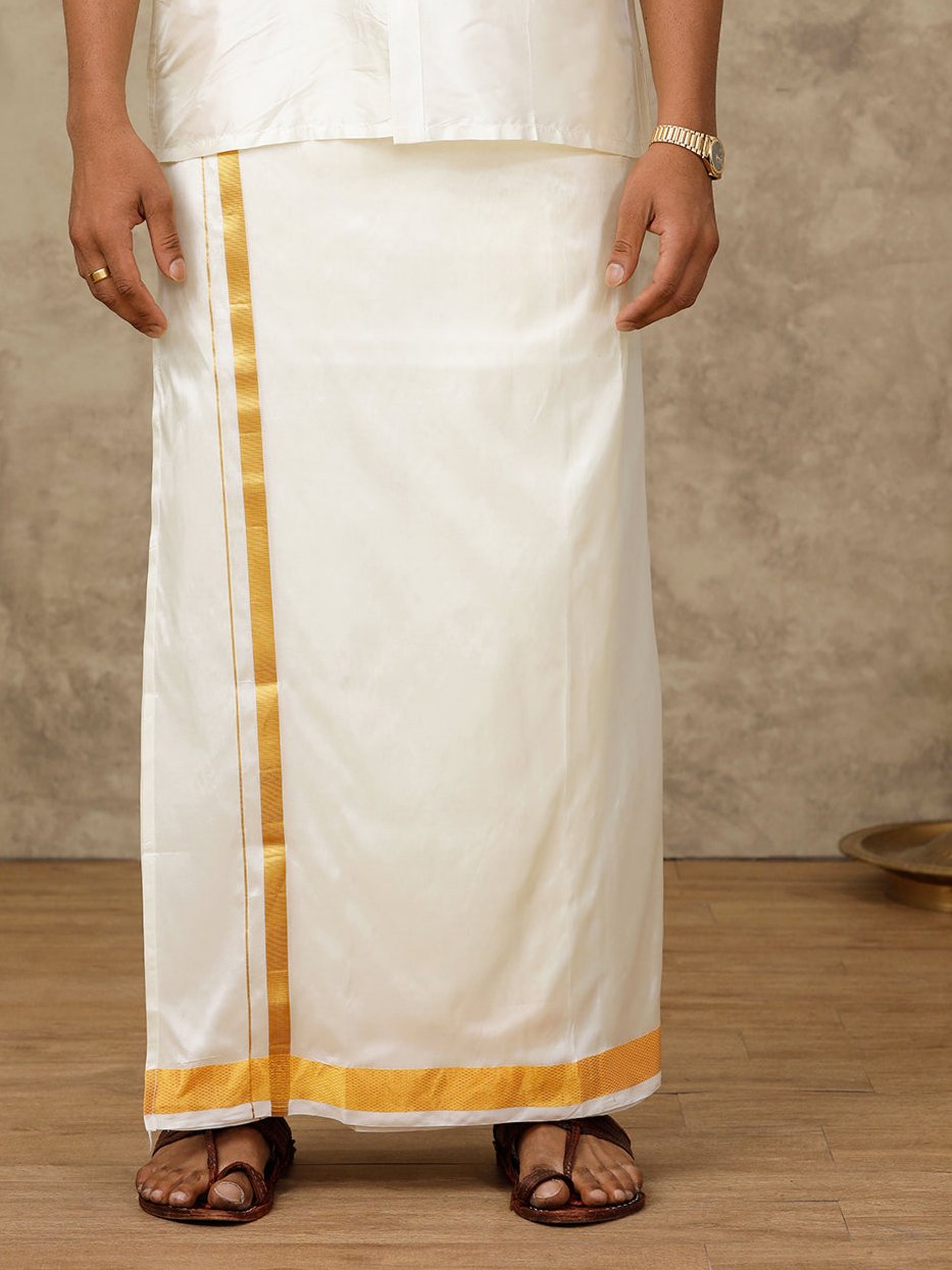 Men Pure Silk Cream with 1 1/2" inch Jari Border Readymade Dhoti Genxt