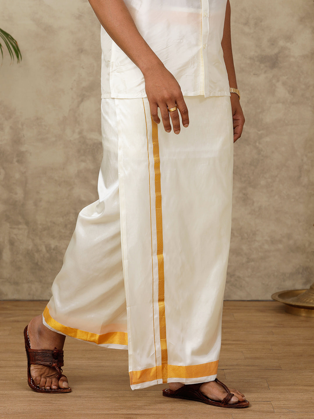 Men Pure Silk Cream with 1 1/2" inch Jari Border Double Layer Dhoti Upasana 4M