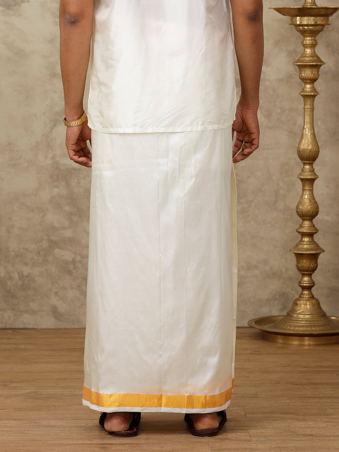 Men Pure Silk Cream with 1 1/2" inch Jari Border Readymade Dhoti Genxt
