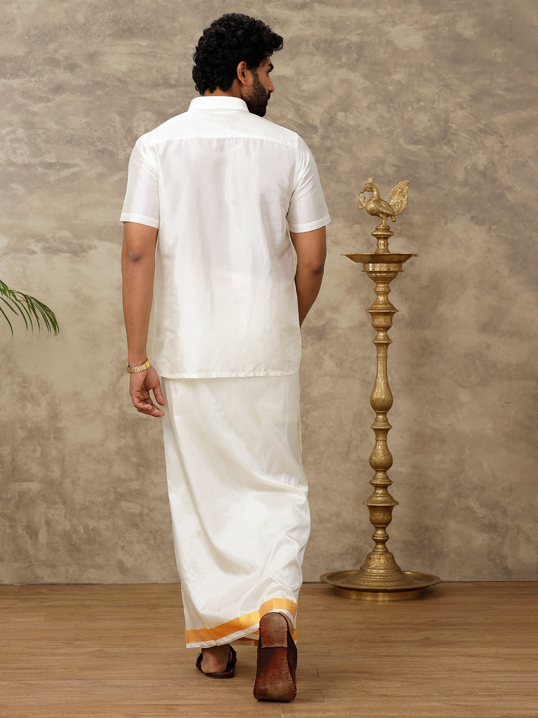 Men Pure Silk Cream Double Dhoti  1 1/2" inch Jari Border Upasana