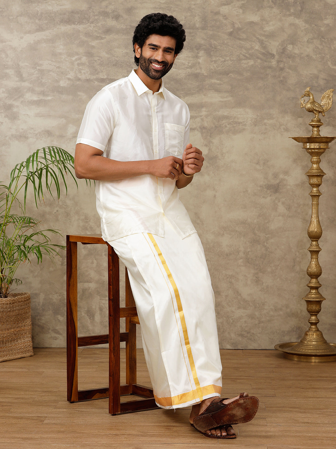 Men Pure Silk Cream Double Dhoti  1 1/2" inch Jari Border Upasana 4M