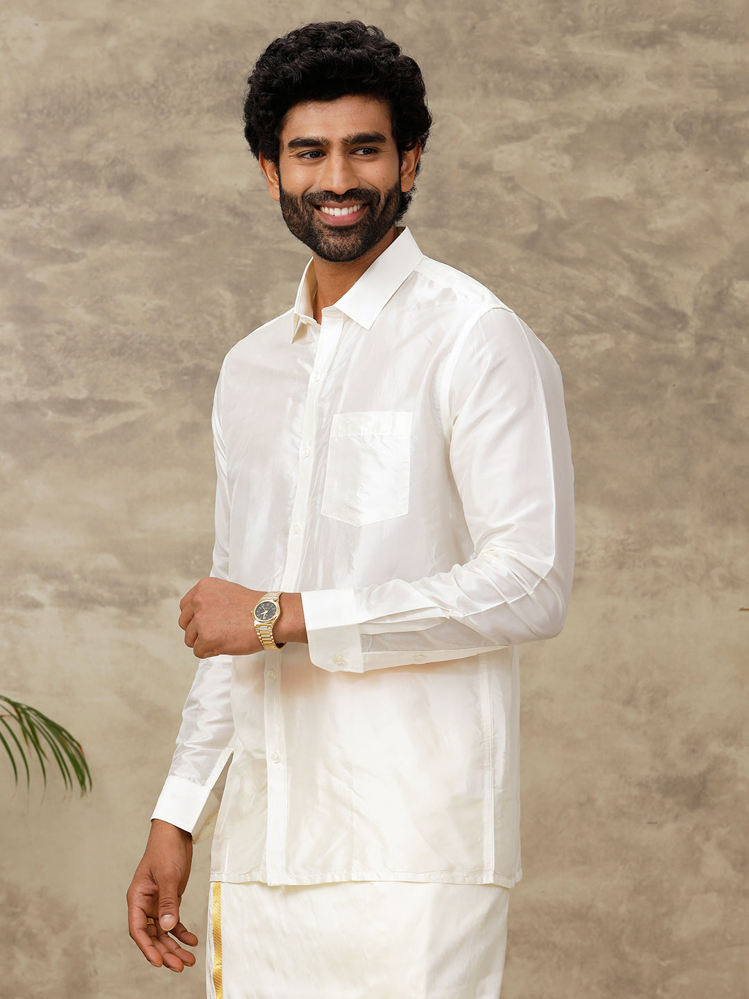 Men Silk Feel Cream Full Sleeves Shirt