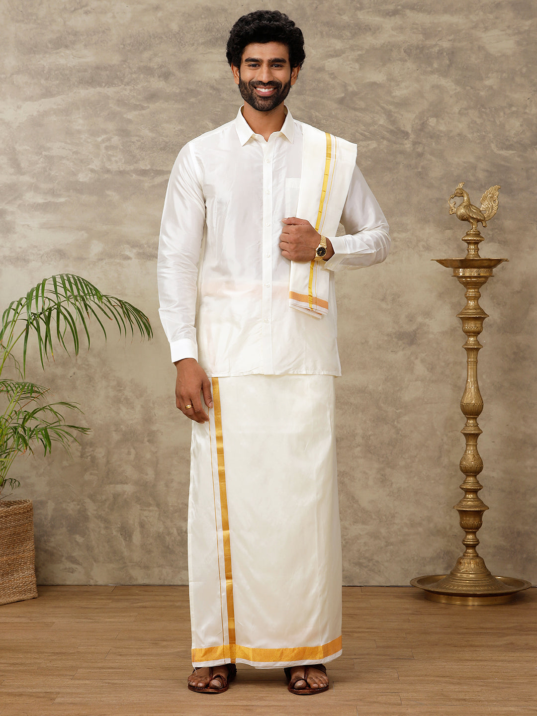 Men Pure Silk Cream with 1 1/2" inch Jari Border Dhoti & Towel Set Thirukalyan 40K